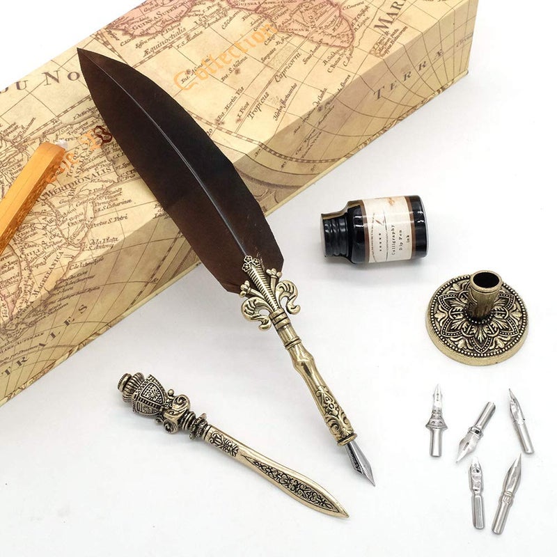 GC QUILL Feather Pen and Ink Set, Calligraphy Quill Pen with Metal Letter Opener Pen Holder 6 Nibs 1 Dip Ink and 1 Sealing Wax Gift for Kids Adults Writers â€“ MU-08 - Image 3